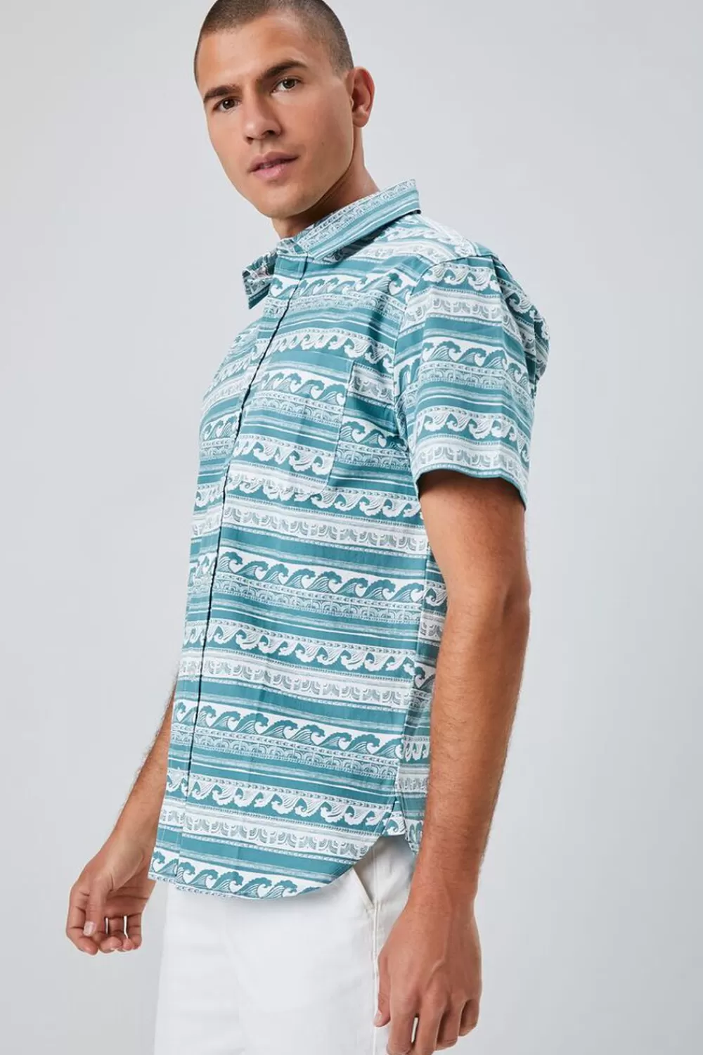 Shirts>Forever 21 Wave Print Button-Front Shirt White/Green