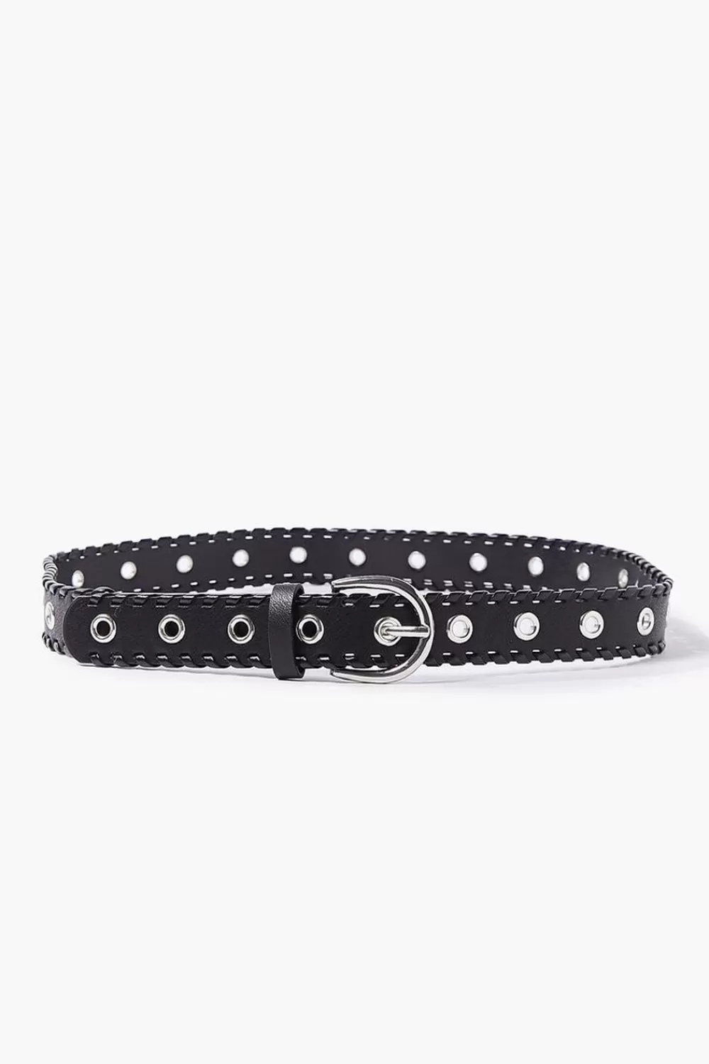 Belts>Forever 21 Whipstitched Faux Leather Grommet Belt Black/Silver