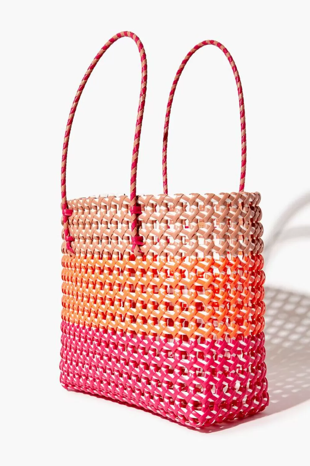 Bags + Backpacks>Forever 21 Wicker Colorblock Tote Bag Pink/Multi