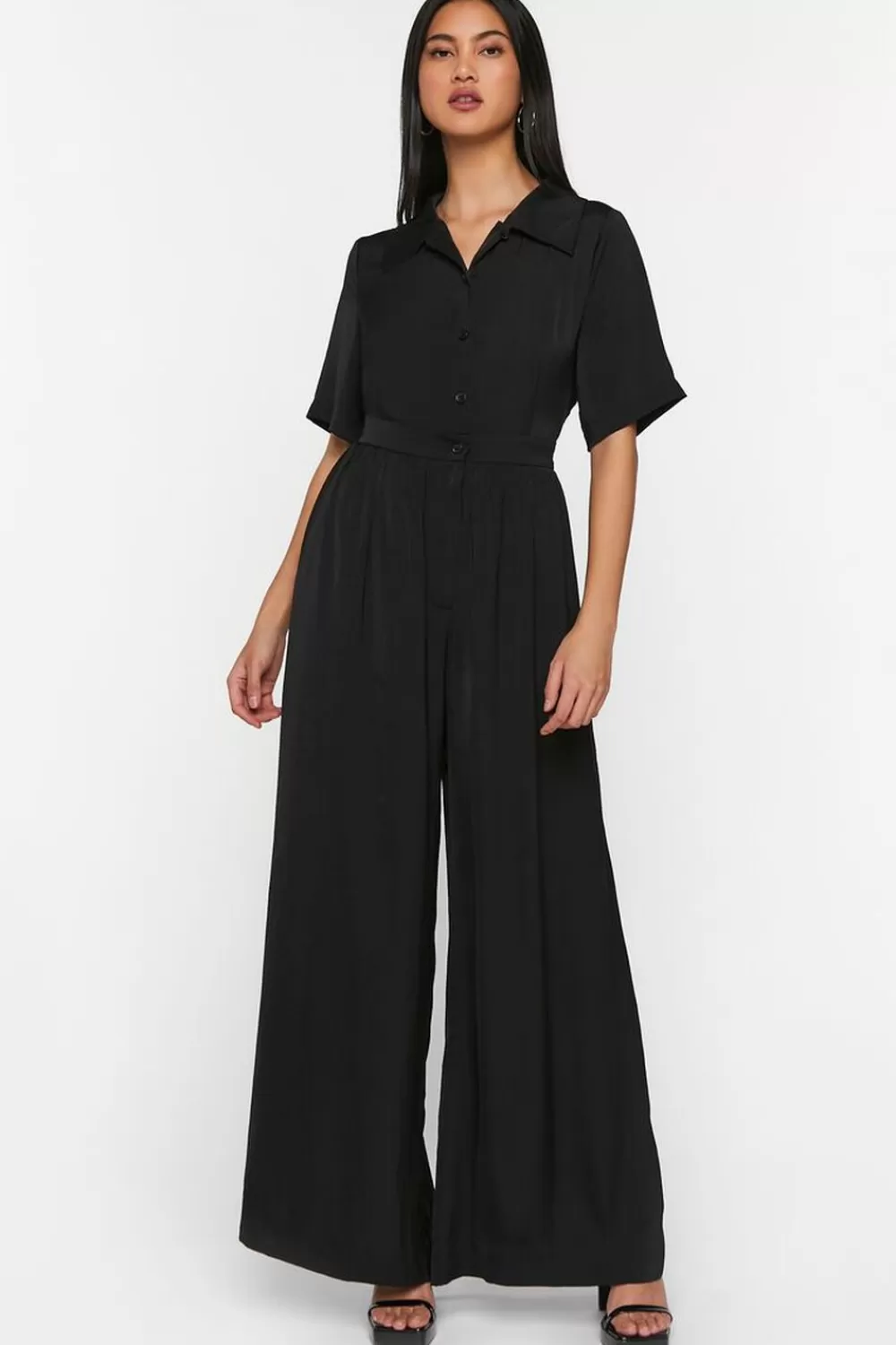 Rompers + Jumpsuits>Forever 21 Wide-Leg Button-Front Jumpsuit Black