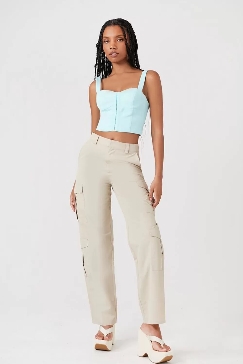 Bottoms>Forever 21 Wide-Leg Cargo Pants Khaki