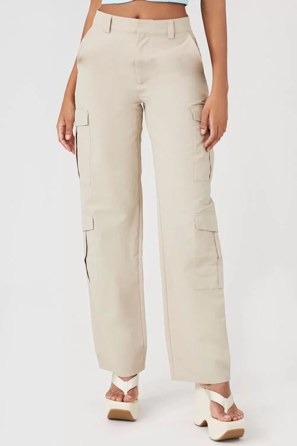 Bottoms>Forever 21 Wide-Leg Cargo Pants Khaki