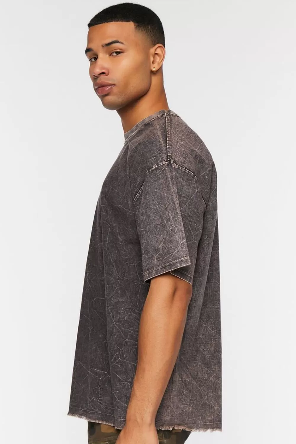 Tops>Forever 21 Woven Acid Wash Frayed Crew Neck Tee Black