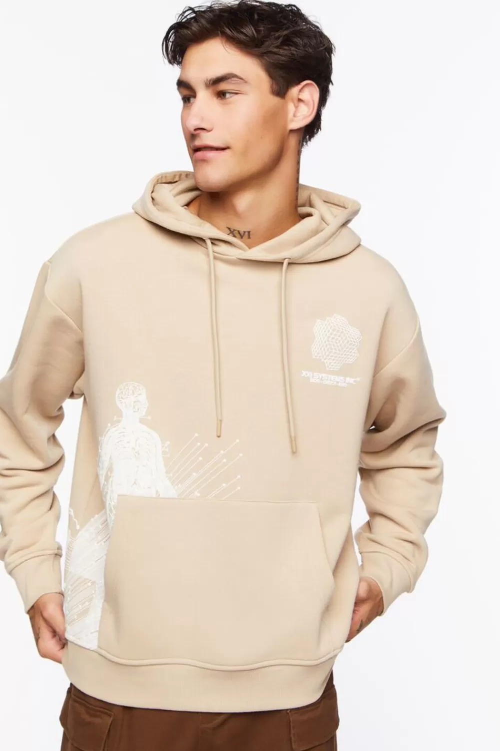 Graphic Tees>Forever 21 Xxi Systems Inc Graphic Hoodie Taupe/Cream