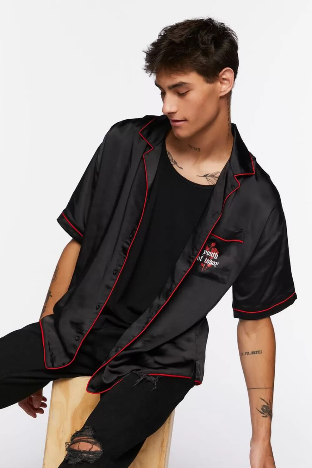 Shirts>Forever 21 Youth Of Today Graphic Satin Shirt Black/Red