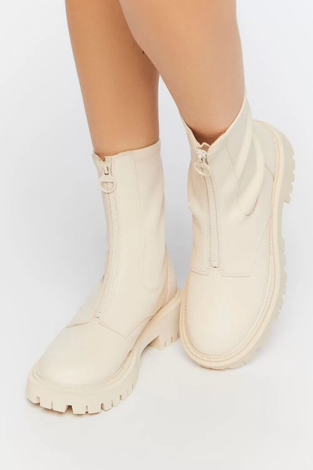 Boots + Booties>Forever 21 Zip-Front Faux Leather Booties Cream