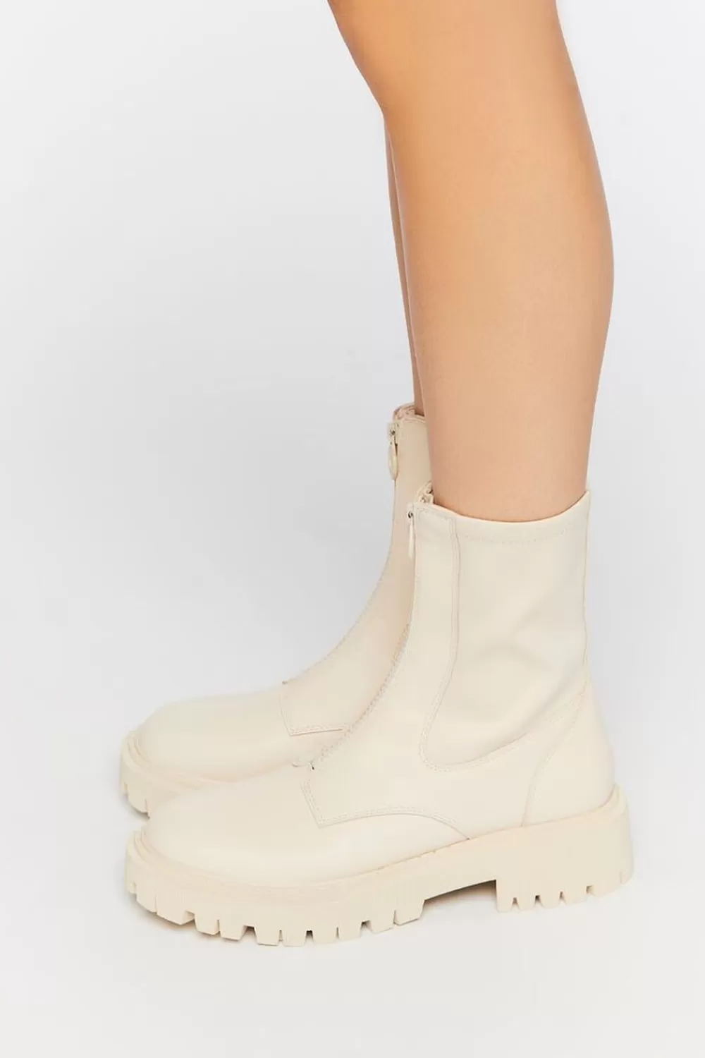 Boots + Booties>Forever 21 Zip-Front Faux Leather Booties Cream