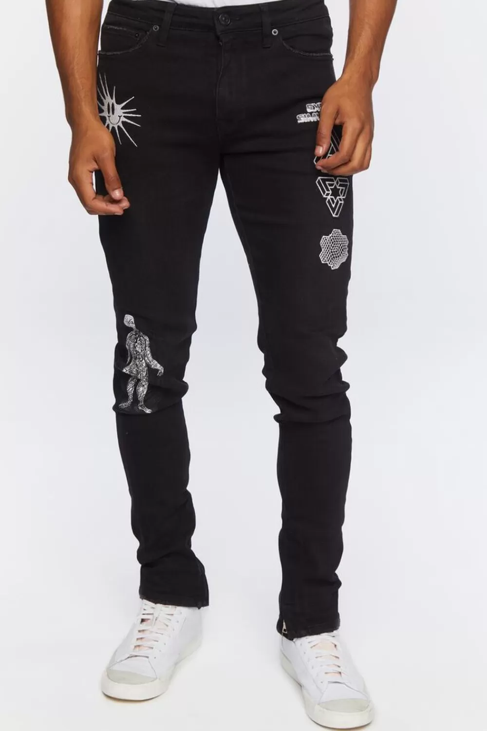 Jeans + Denim>Forever 21 Zip-Hem Embroidered Skinny Jeans Black/White