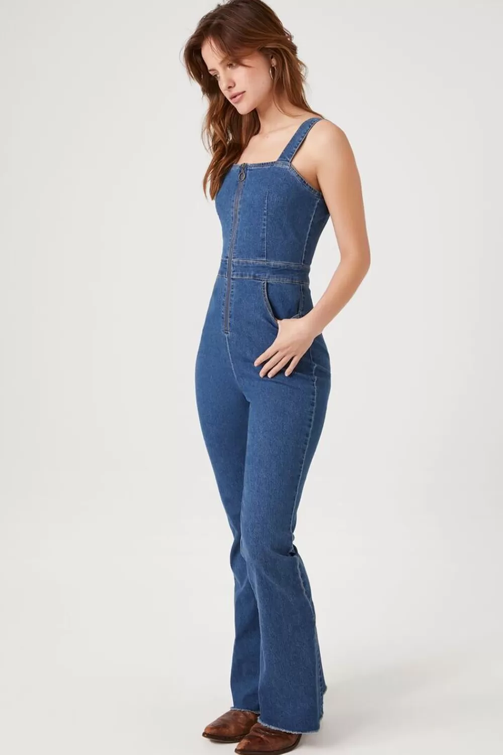 Rompers + Jumpsuits>Forever 21 Zip-Up Denim Jumpsuit Medium Denim