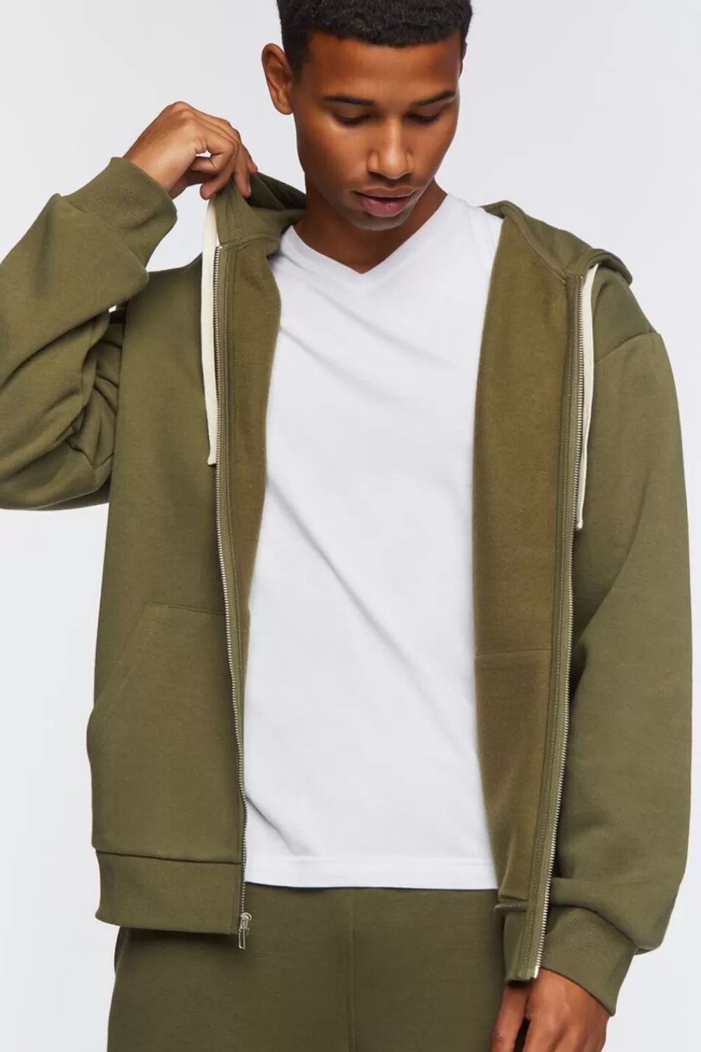 Tops>Forever 21 Zip-Up Drawstring Hoodie Olive