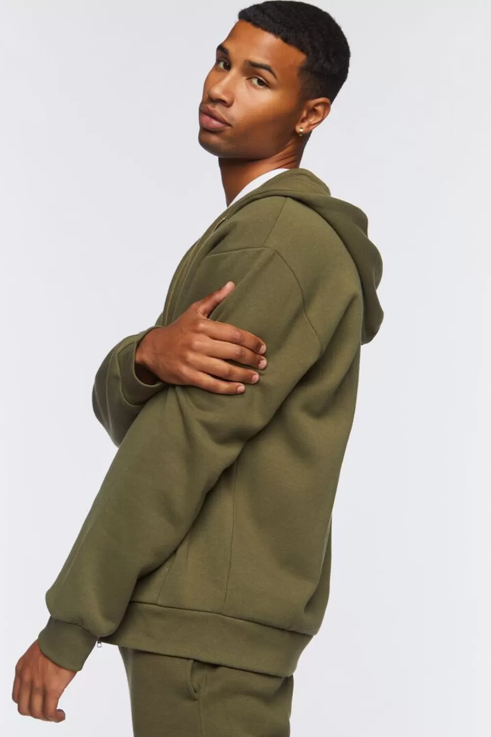 Tops>Forever 21 Zip-Up Drawstring Hoodie Olive