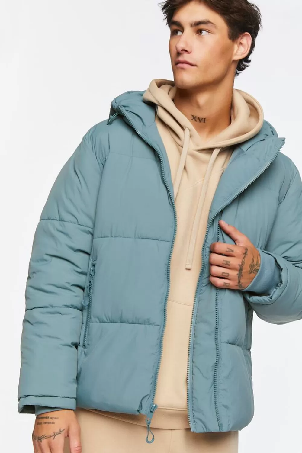 Tops>Forever 21 Zip-Up Hooded Puffer Jacket Stone Blue