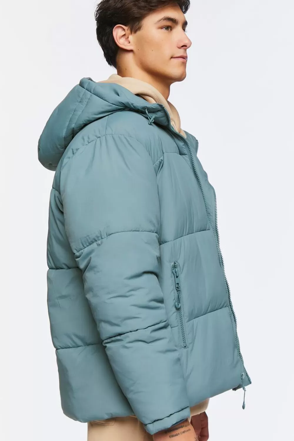 Tops>Forever 21 Zip-Up Hooded Puffer Jacket Stone Blue