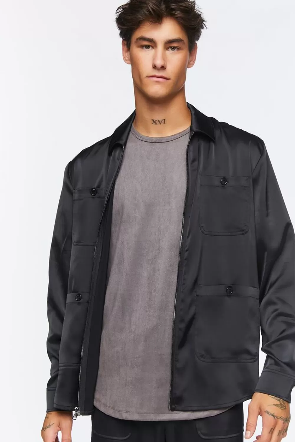 Tops>Forever 21 Zip-Up Multi-Pocket Shirt Black