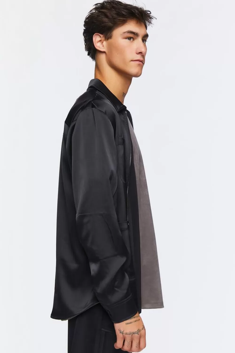 Tops>Forever 21 Zip-Up Multi-Pocket Shirt Black