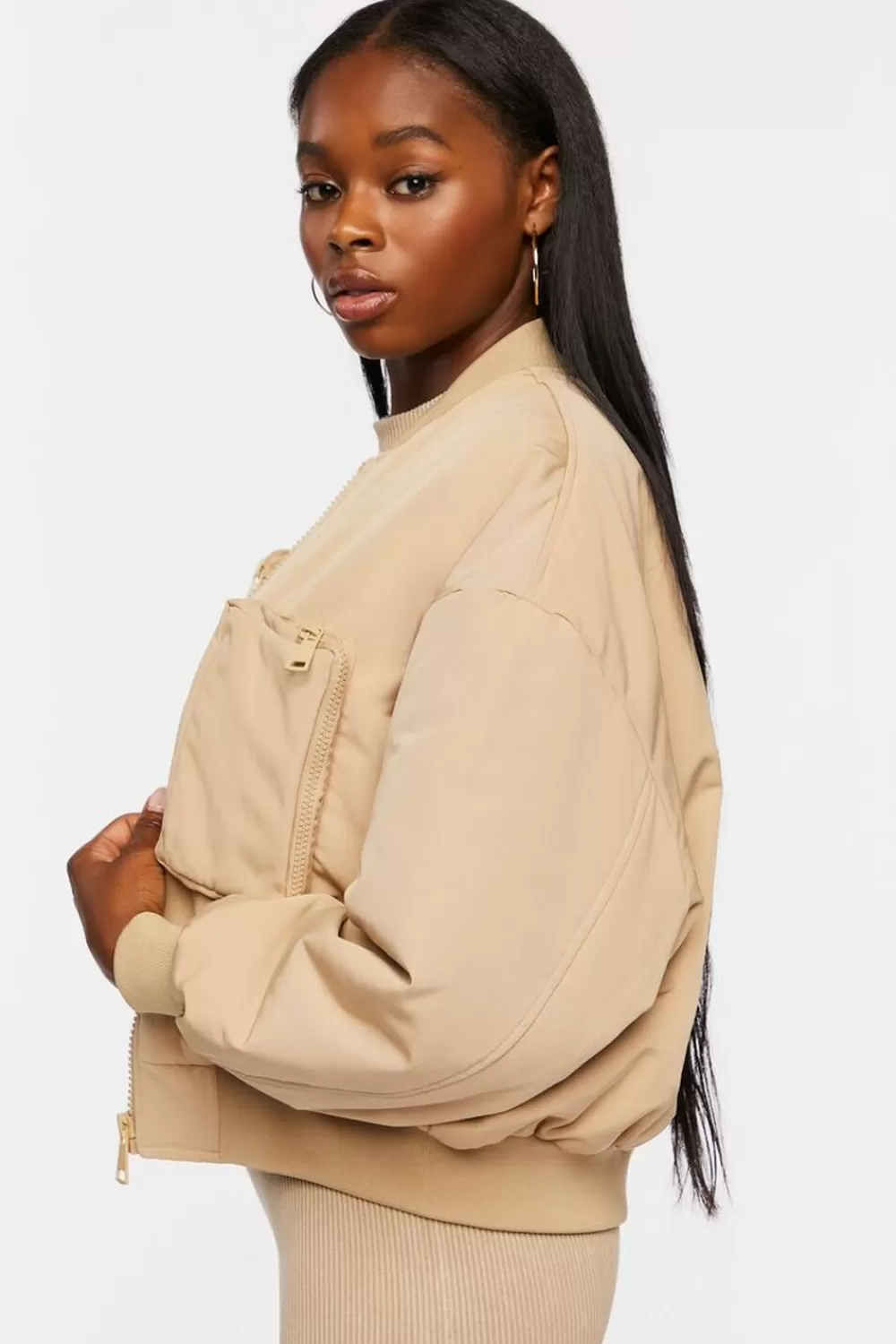 Jackets + Outerwear>Forever 21 Zip-Up Utility Bomber Jacket Khaki